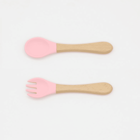 Baby Food Grade Wooden Handles Silicone Spoon Fork Cutlery (Color: Pink, size: Average Size (0-8Y))