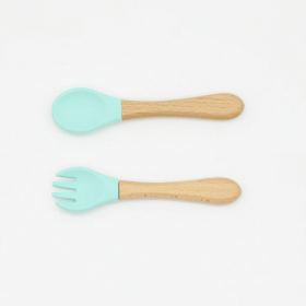 Baby Food Grade Wooden Handles Silicone Spoon Fork Cutlery (Color: Blue, size: Average Size (0-8Y))