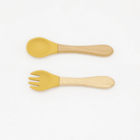 Baby Food Grade Wooden Handles Silicone Spoon Fork Cutlery (Color: yellow, size: Average Size (0-8Y))
