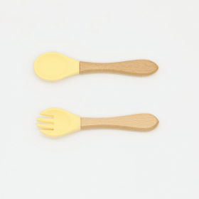 Baby Food Grade Wooden Handles Silicone Spoon Fork Cutlery (Color: Light Yellow, size: Average Size (0-8Y))