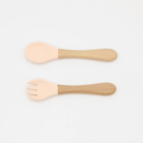 Baby Food Grade Wooden Handles Silicone Spoon Fork Cutlery (Color: Beige, size: Average Size (0-8Y))
