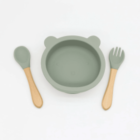 Baby Bear Shape Food Training Silicone Bowl With Spoon Tableware (Color: Green, size: Average Size (0-8Y))