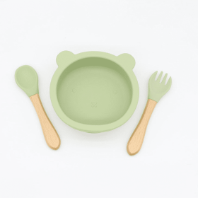 Baby Bear Shape Food Training Silicone Bowl With Spoon Tableware (Color: Light Green, size: Average Size (0-8Y))