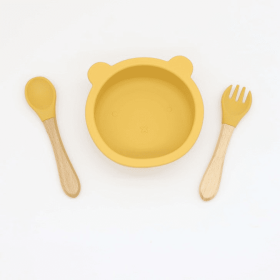 Baby Bear Shape Food Training Silicone Bowl With Spoon Tableware (Color: yellow, size: Average Size (0-8Y))