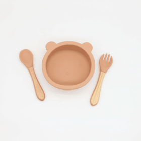 Baby Bear Shape Food Training Silicone Bowl With Spoon Tableware (Color: Orange, size: Average Size (0-8Y))