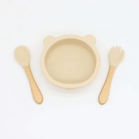 Baby Bear Shape Food Training Silicone Bowl With Spoon Tableware (Color: Beige, size: Average Size (0-8Y))